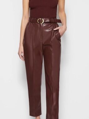 Jonathan Simkhai Chocolate Brown High-Waist Faux Leather Trousers with Belt